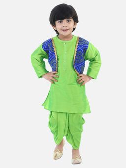 BownBee - Boys Attached Jacket Bandhani Dhoti Kurta- Green (Set of 2)