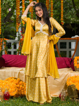 Koskii - Yellow Printed Semi Crepe Readymade Salwar Suit (Set of 3)