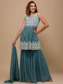 Koskii - Sea Green Thread Work Georgette Readymade Sharara (Set of 3)