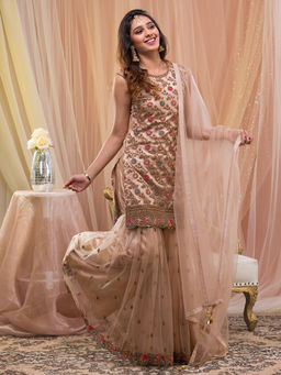 Koskii - Beige Zari Work Net Readymade Sharara (Set of 3)