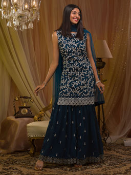 Koskii - Peacock Blue Silver Zari Work Raw Silk Readymade Sharara (Set of 3)