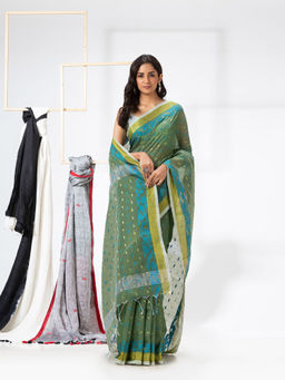 Angoshobha - Green Cotton Blended Festive Handloom Saree with Unstitched Blouse