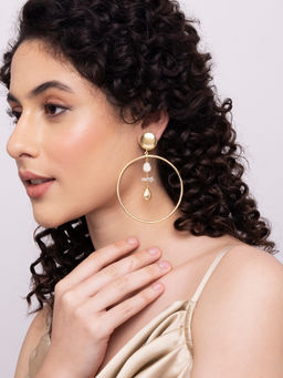 Indya - Gold Asymmetric Pearl Dangler Hoop Earrings