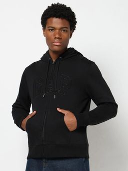 GAP - Men Embroidered Zip Front Black Hoodie