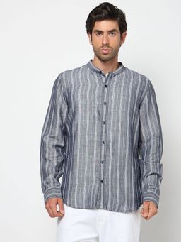 GAP - Men Vertical Stripes Mandarin Collar Blue Shirt