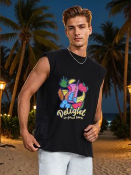 Bene Kleed - Men Black Graphic Printed Oversized Cotton Sleeveless T-shirt