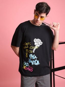 Bene Kleed - Men Black Graphic Printed Extended Sleeves Oversized T-shirt