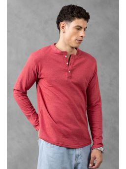 GRITSTONES - Men Maroon Self Design Full Sleeve Henley T-Shirt