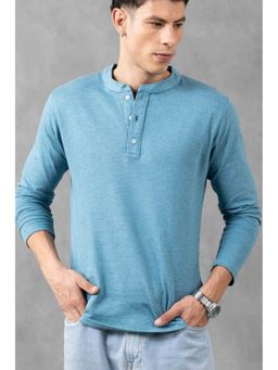 GRITSTONES - Men Blue Full Sleeve Self Design Henley T-Shirt