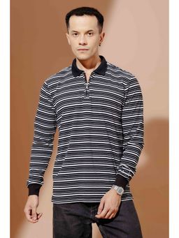 GRITSTONES - Men Black Striped Zipper Collar Polo T-Shirt