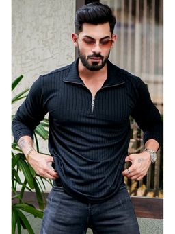 GRITSTONES - Men Black Self Design Zipper Polo T-Shirt