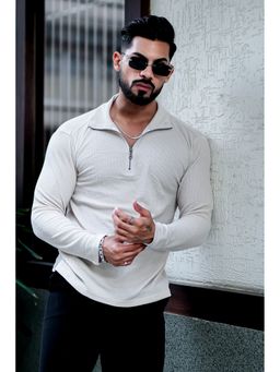 GRITSTONES - Men Cream Waffle Self Design Zipper Polo T-Shirt
