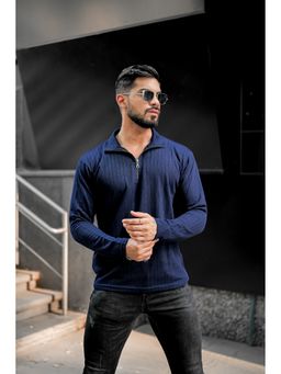 GRITSTONES - Men Navy Blue Self Design Zipper Polo T-Shirt