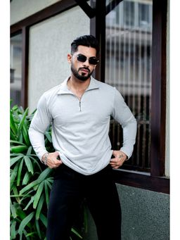 GRITSTONES - Men Grey Melange Solid Zipper Polo T-Shirt