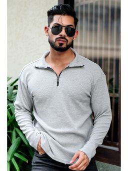 GRITSTONES - Men Grey Melange Waffle Self Design Zipper Polo T-Shirt