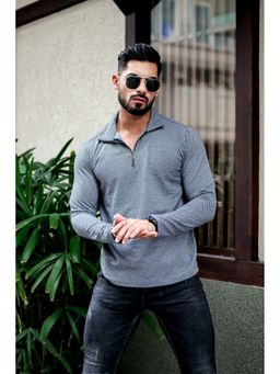 GRITSTONES - Men Dark Grey Self Design Zipper Polo T-Shirt