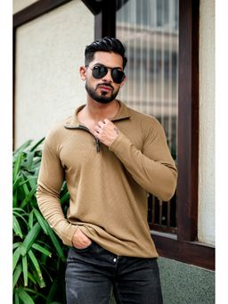 GRITSTONES - Men Golden Waffle Self Design Zipper Polo T-Shirt