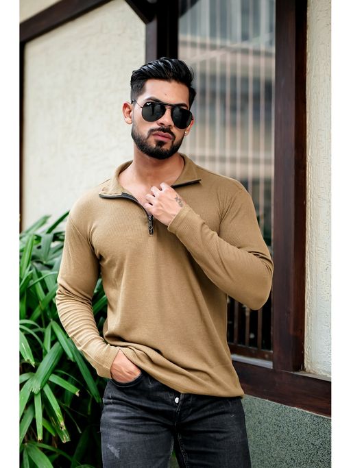 GRITSTONES Men Golden Waffle Self Design Zipper Polo T-Shirt