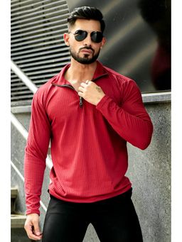 GRITSTONES - Men Maroon Self Design Drop Needle Polo T-Shirt