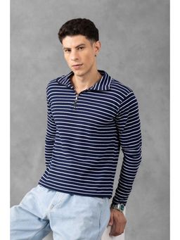 GRITSTONES - Men Navy Blue Self Design Striped Zipper Polo T-Shirt