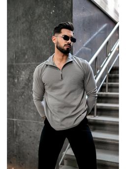 GRITSTONES - Men Grey Self Design Zipper Polo T-Shirt