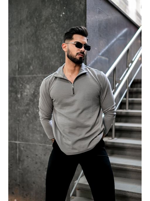 GRITSTONES Men Grey Self Design Zipper Polo T-Shirt
