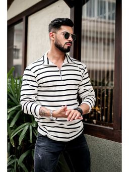 GRITSTONES - Men White Self Design Woven Zipper Polo T-Shirt