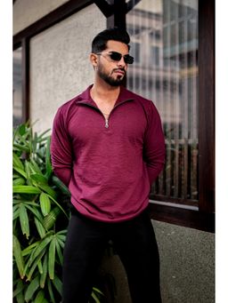 GRITSTONES - Men Wine Self Design Zipper Polo T-Shirt