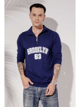 GRITSTONES - Men Navy Blue Self Design Full Sleeve Zipper Polo T-Shirt