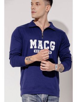 GRITSTONES - Men Navy Blue Self Design Printed Zipper Polo T-Shirt