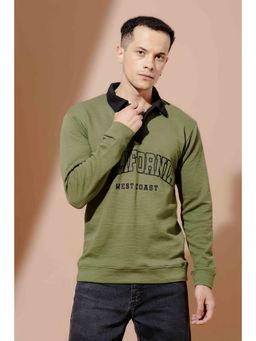 GRITSTONES - Men Olive Typographic Self design Printed Polo T-Shirt