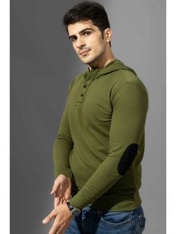 GRITSTONES - Men Olive Self Design Hooded T-Shirt