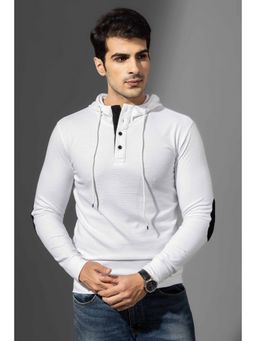 GRITSTONES - Men White Elbow Patch Self Design Hooded Placket T-Shirt