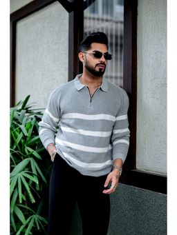 GRITSTONES - Men Grey Stripes Zipper Pullover Polo T-Shirt
