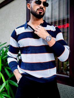 GRITSTONES - Men Blue Flat Knit Zipper Pullover Polo T-Shirt