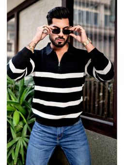 GRITSTONES - Men Black Flat Knit Premium Zipper Pullover Polo T-Shirt