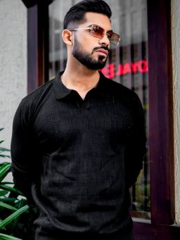 GRITSTONES - Men Black Textured Premium Pullover Polo T-Shirt