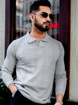 GRITSTONES - Men Grey Textured Premium Pullover Polo T-Shirt