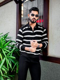 GRITSTONES - Men Black Zipper Flat Knit Polo T-shirt