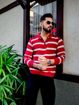 GRITSTONES - Men Red Zipper Flat Knit Polo T-shirt