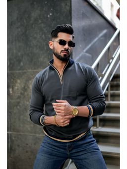 GRITSTONES - Men Grey Flat Knit Zipper Pullover Polo T-Shirt