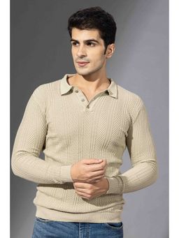 GRITSTONES - Men Cream Premium Flat Knit Polo Neck Pullover T-Shirt