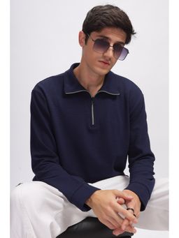 GRITSTONES - Men Navy Blue Self Design Zipper Polo T-Shirt