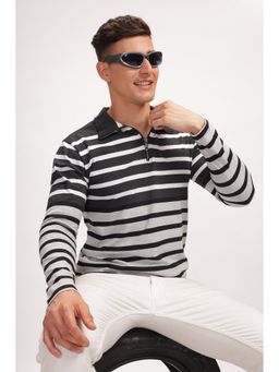 GRITSTONES - Men Grey Black Striper Zipper Polo T-Shirt