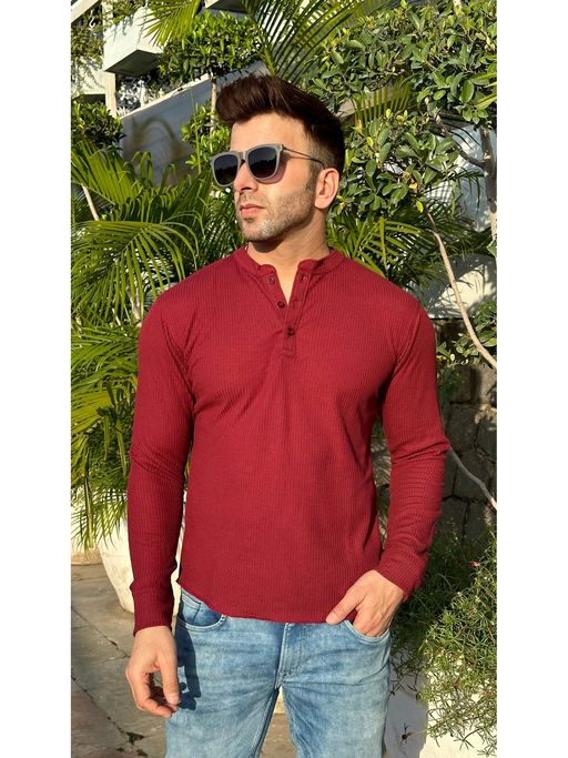 GRITSTONES Men Maroon Self Waffle Knit Henley T-Shirt