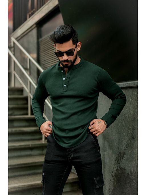 GRITSTONES Men Dark Green Waffle Knit T-Shirt