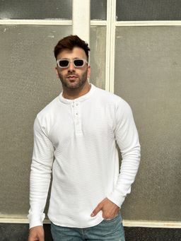 GRITSTONES - Men White Henley Self Design T-Shirt