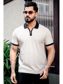 GRITSTONES - Men Cream Waffle Polo Zipper T-Shirt