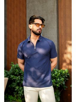 GRITSTONES - Men Navy Blue Half Sleeve Zipper Polo T-Shirt