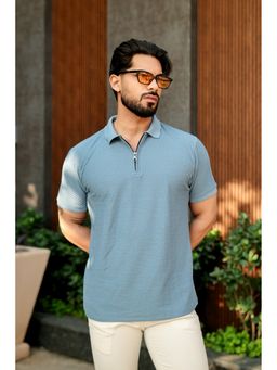 GRITSTONES - Men Blue Self Design Zipper Polo T-Shirt